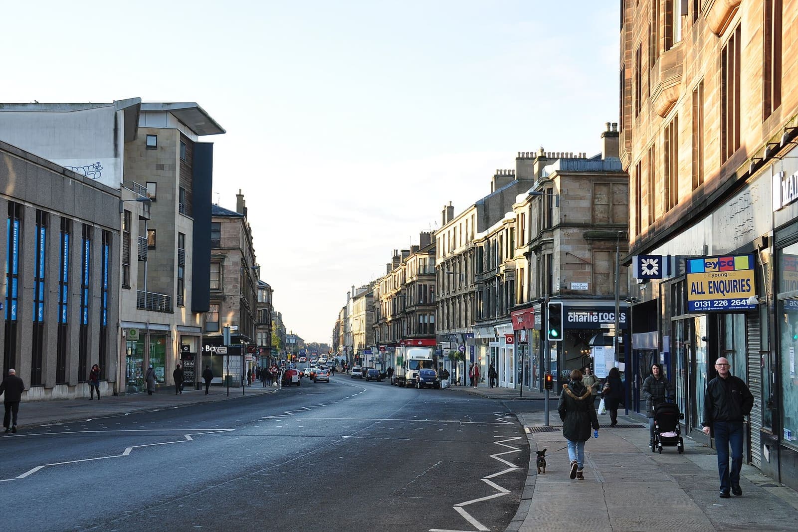 Sandstone tenements and shops on Byres Road in Hillhead, Glasgow