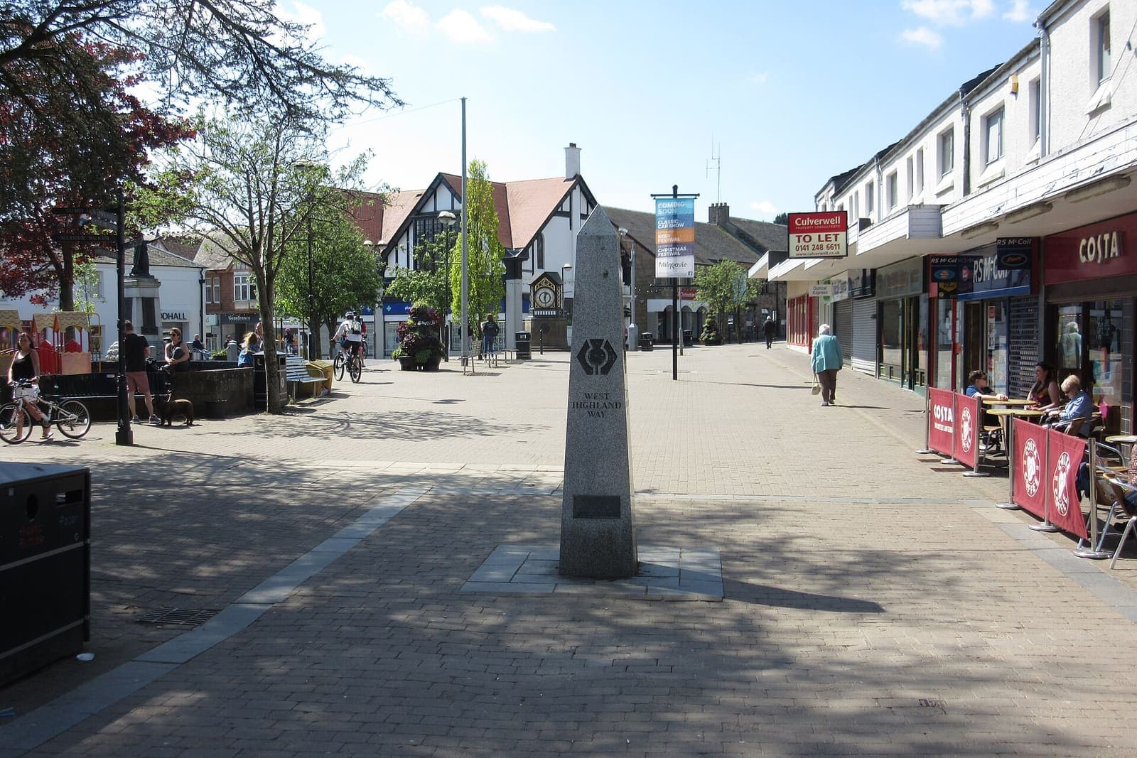 The pedestrian precinct and West Highland Way obelisk in Milngavie town centre