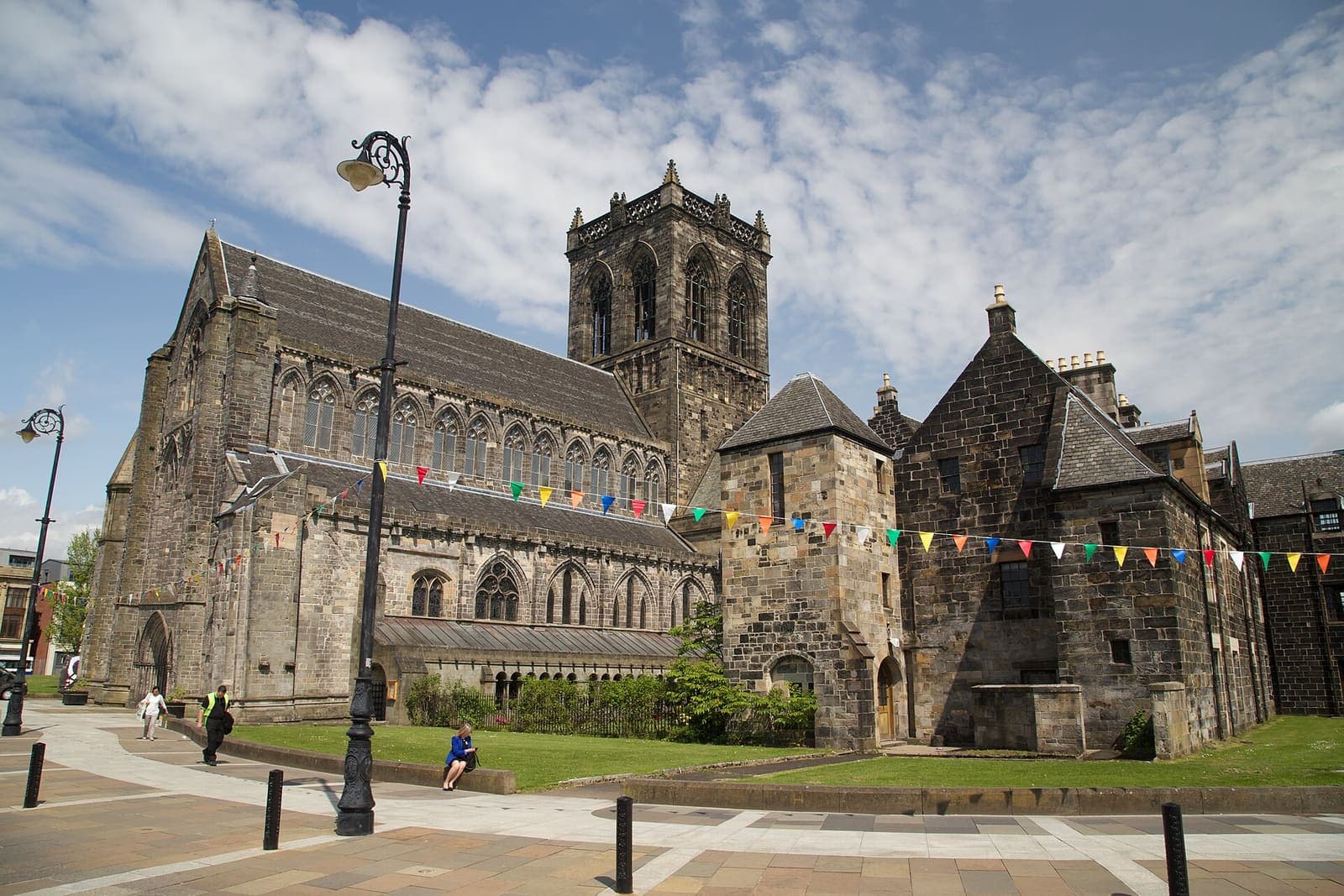 Paisley Abbey and the tenements of the High Street in Paisley town centre