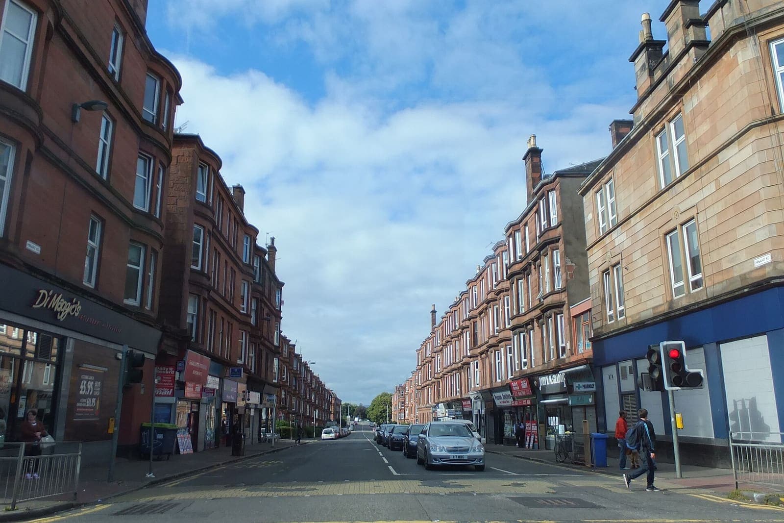 Red sandstone tenements on Kilmarnock Road beside Queen's Park, Shawlands