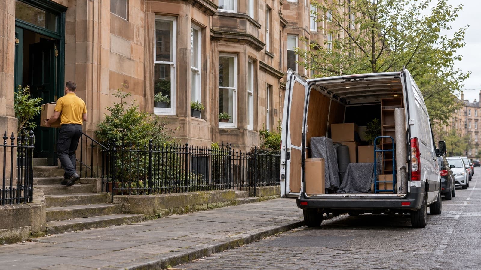 A medium-wheelbase van and a larger Luton removals van parked nose to tail on a Southside Glasgow street, both with rear doors open