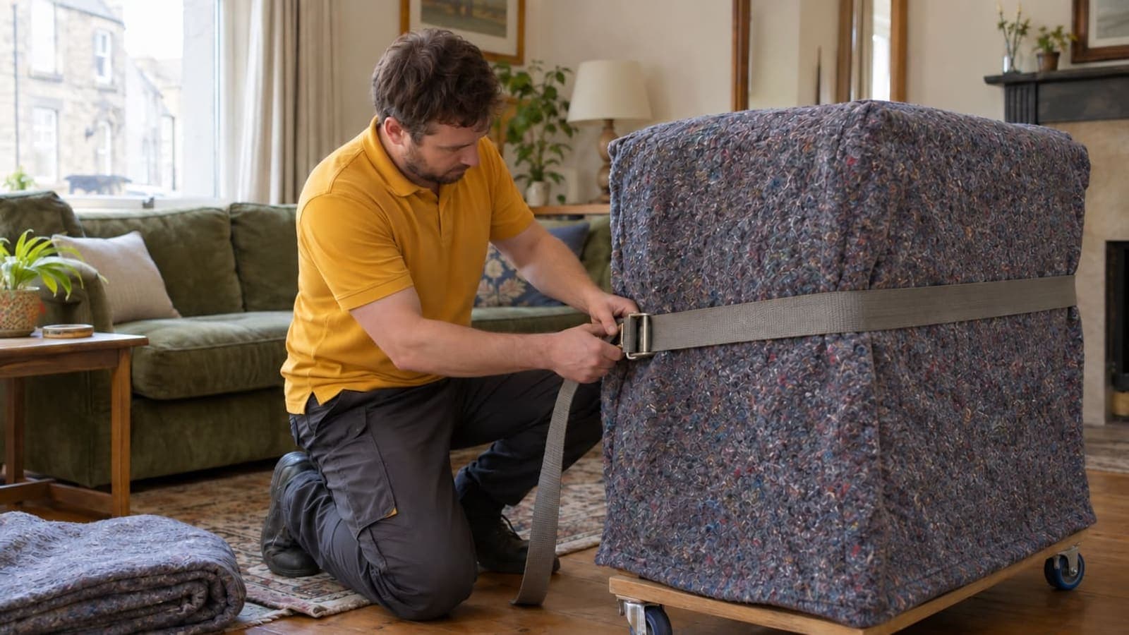 Three movers guiding a blanket-wrapped upright piano on a stair-climbing trolley down the half-landing of a Glasgow tenement close
