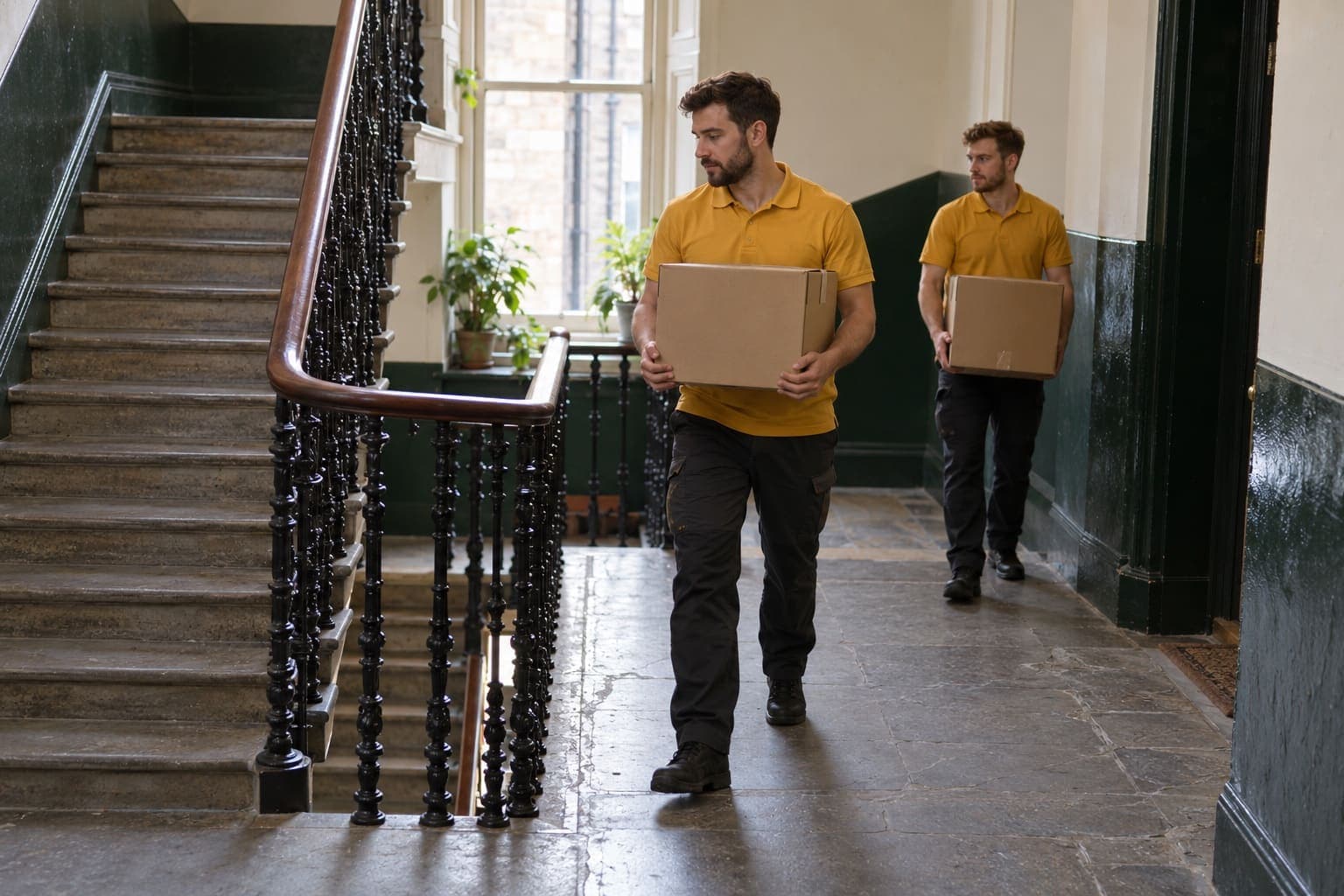 Two movers carrying a wrapped mattress down the tiled stairwell of a Victorian tenement close in Glasgow's West End