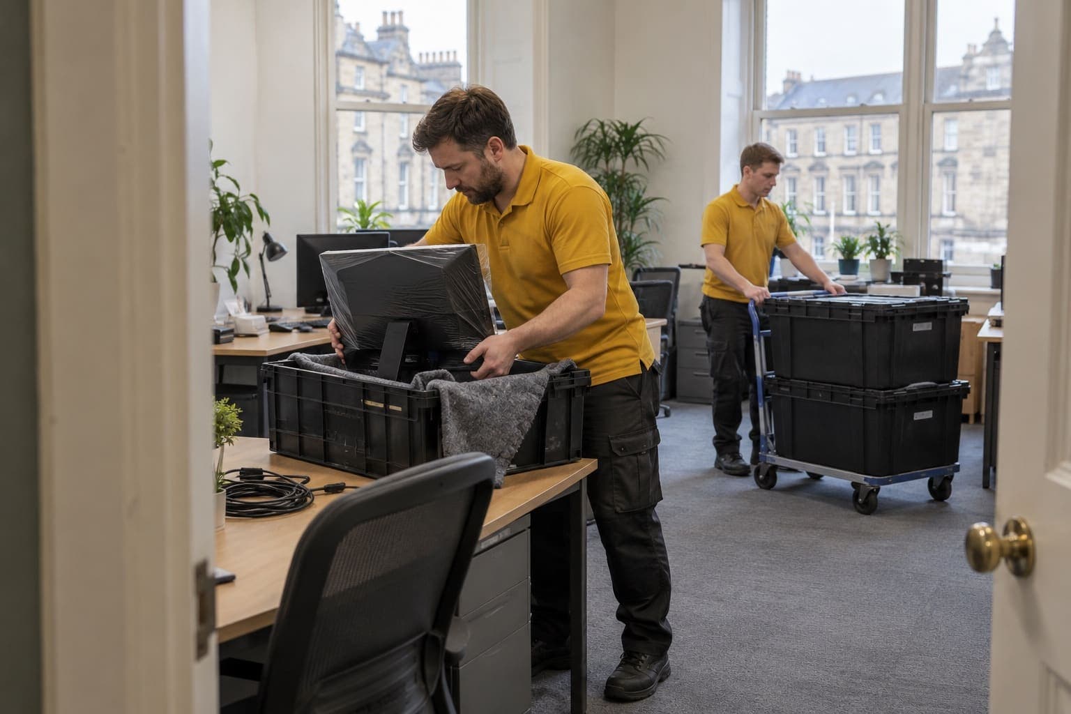 Movers wheeling crates of office equipment and a stack of desk chairs through the glass lobby of a Glasgow city-centre office building on a Saturday morning