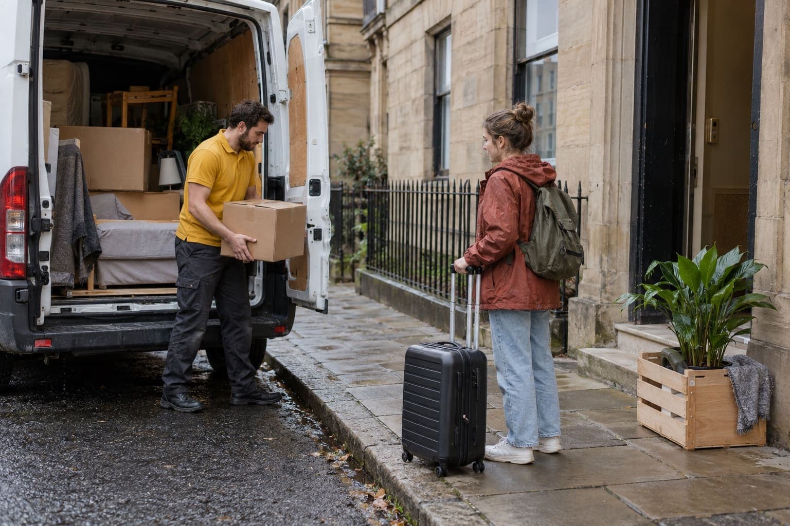 Two students loading boxes and a desk chair into a van outside a tenement close near Glasgow University on a bright September morning