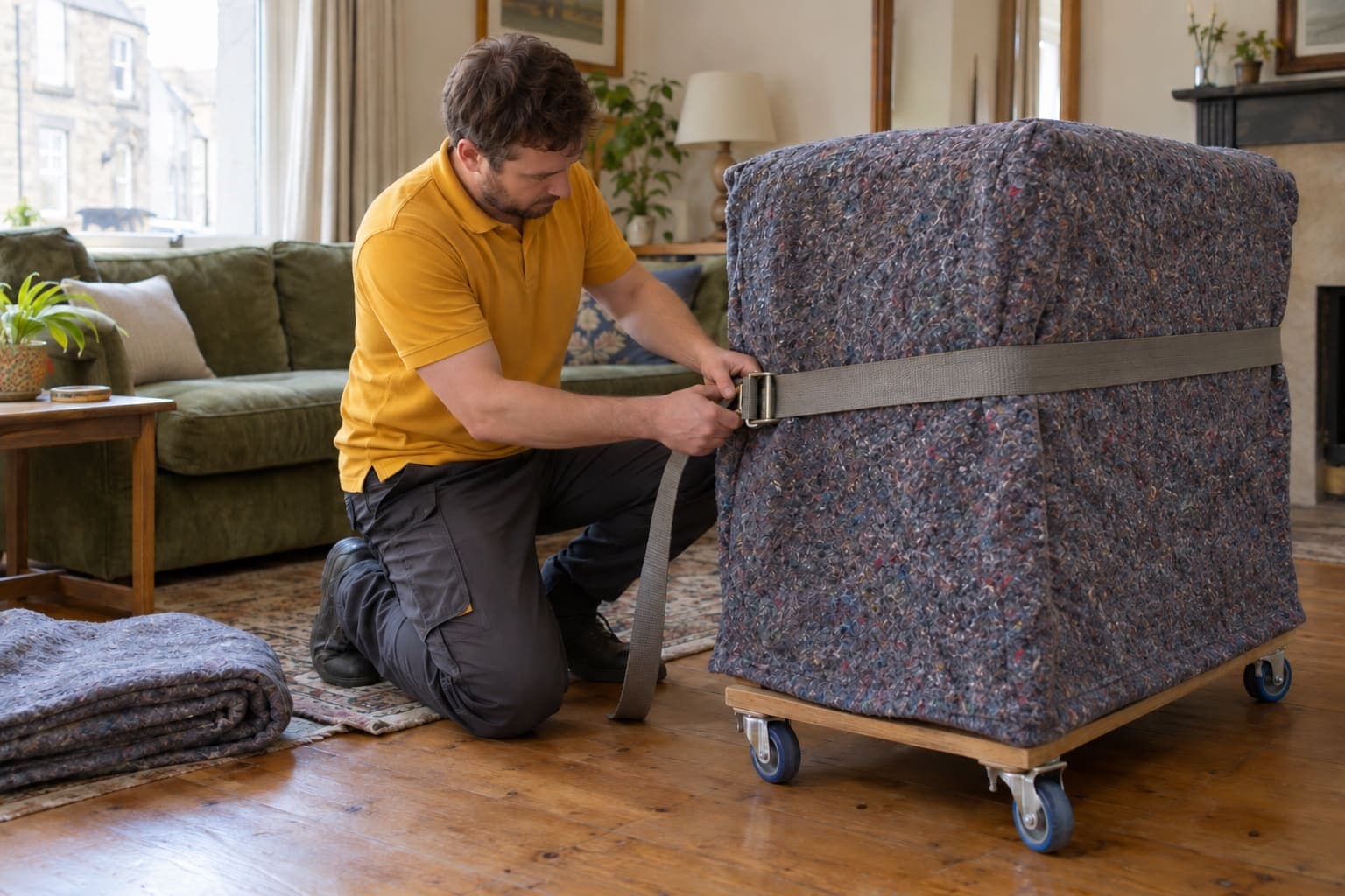 A mover strapping a padded blanket around a piece of furniture