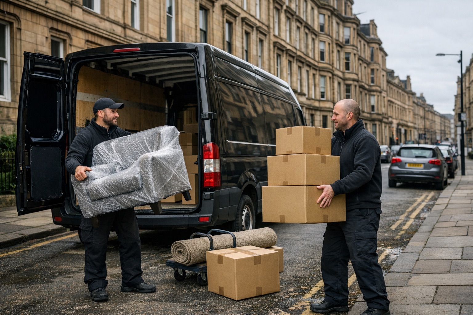 Clyde Movers team preparing a local Glasgow move beside a black removals van