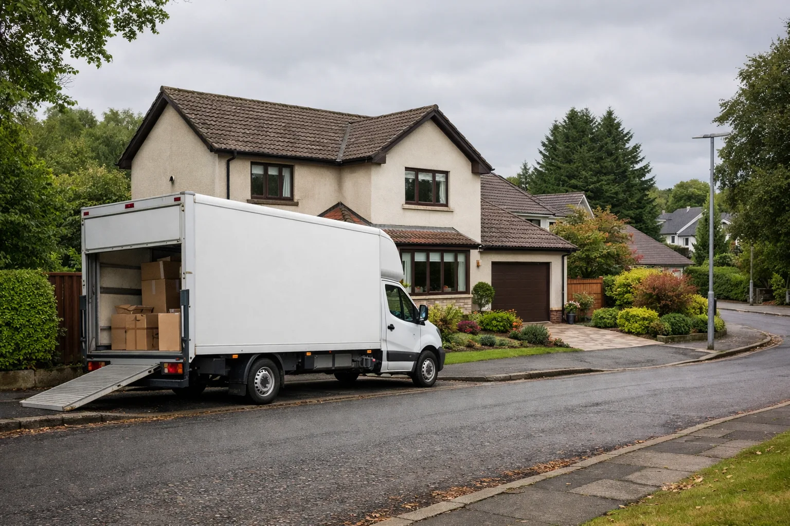 Removals van outside a family home in Bearsden near Glasgow