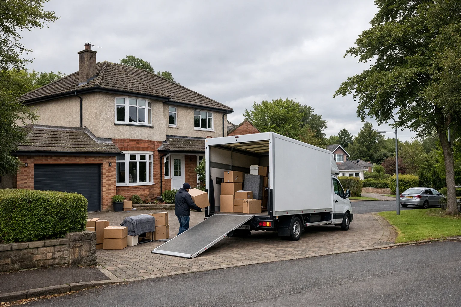 Family home move scene in Clarkston with a removals van parked outside