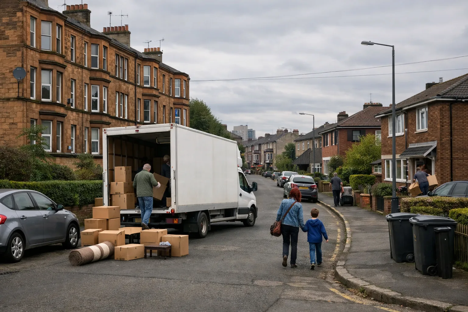 East End Glasgow street with homes, tenements and a removals van