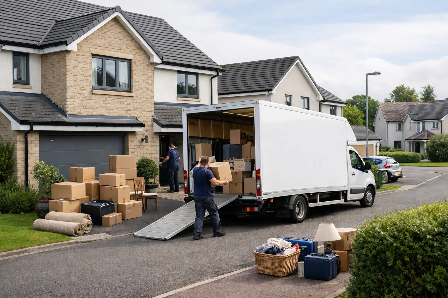 Residential move scene in East Kilbride with a removals van outside a home