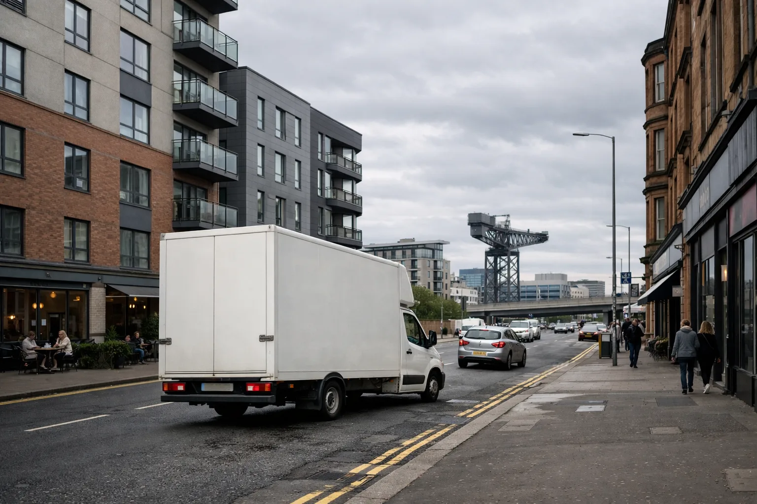Finnieston apartment and street move scene with a removals van