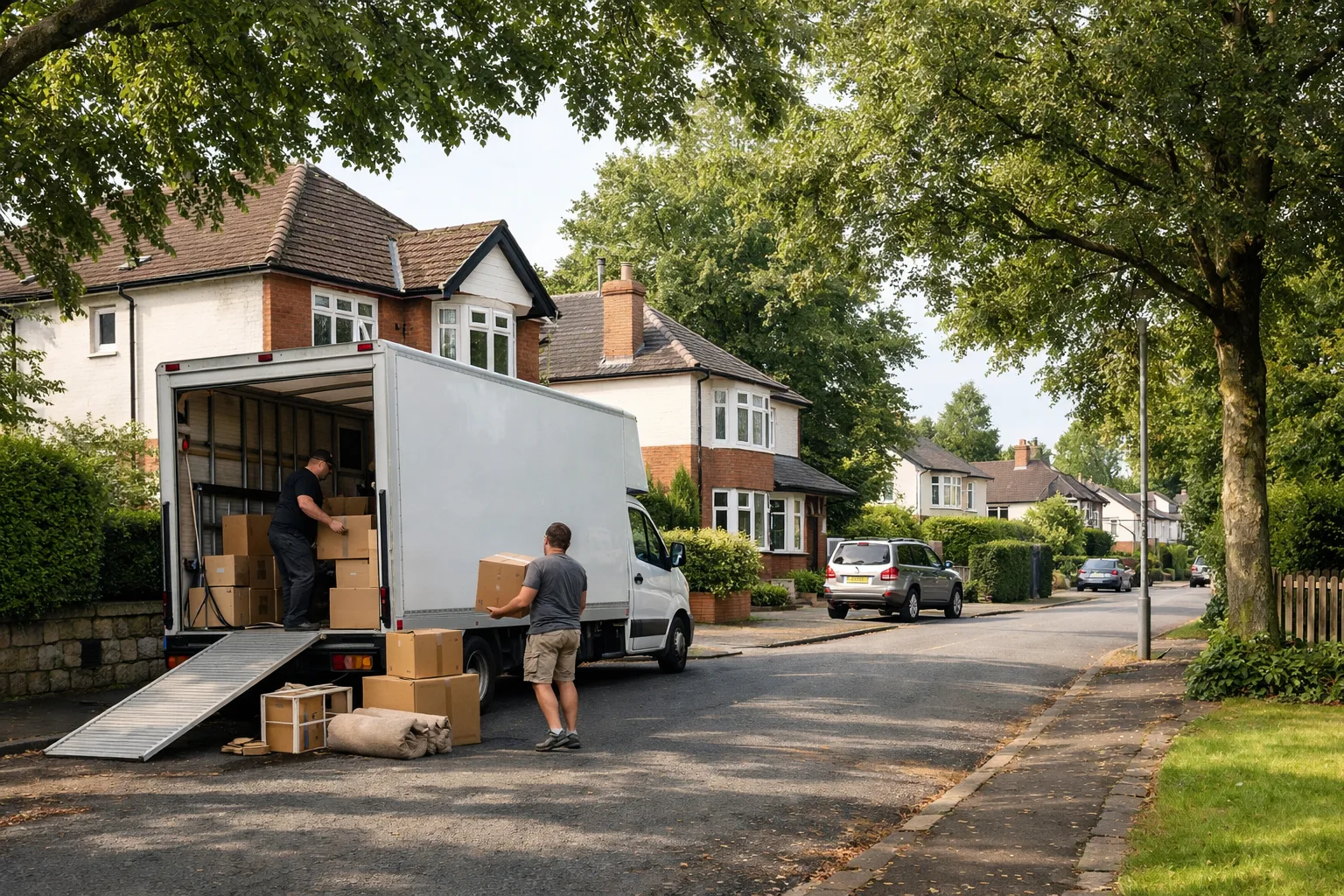 Giffnock family house move scene with a removals van on a residential street
