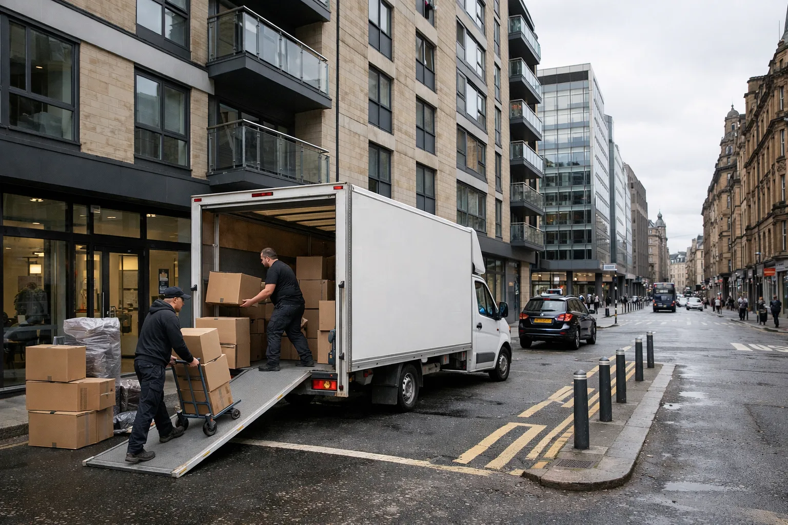 Glasgow city centre move scene with apartment access and a removals van