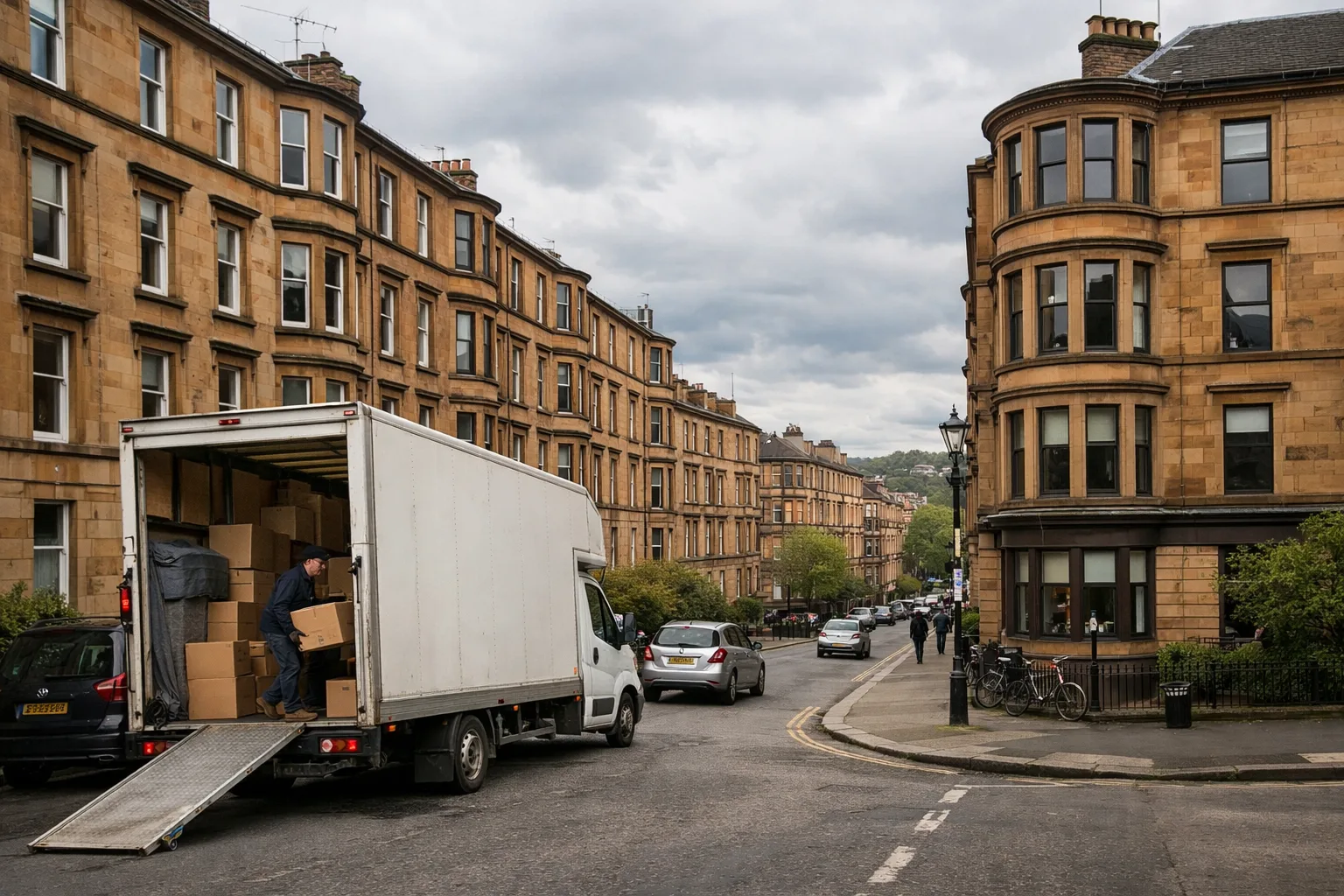 Hillhead street in the West End with sandstone tenements and a removals van
