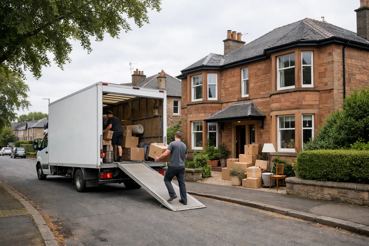 Jordanhill home move scene with a removals van outside a suburban property