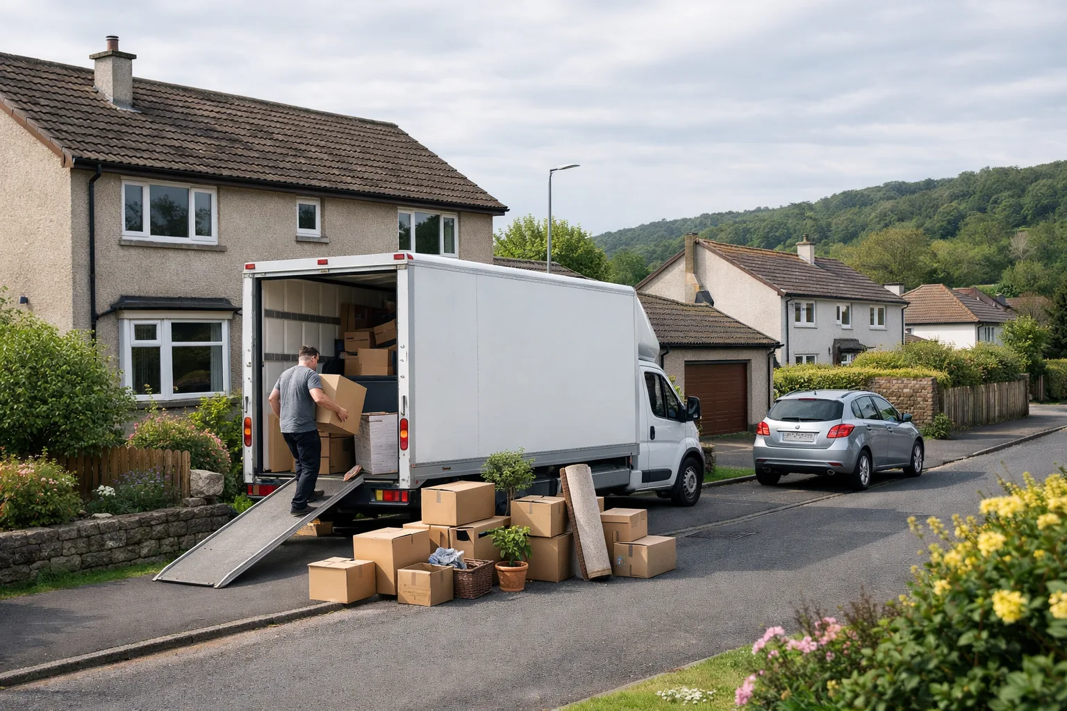 Milngavie residential move scene with a removals van outside a family home