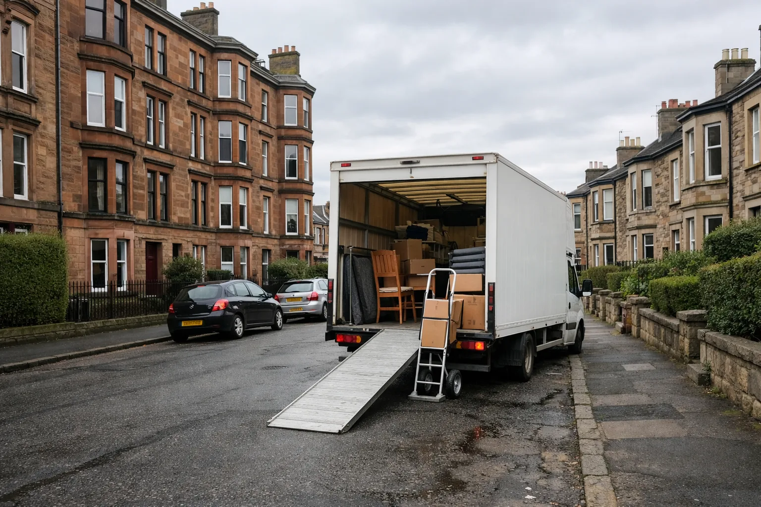 Mount Florida street scene with Southside homes and a removals van
