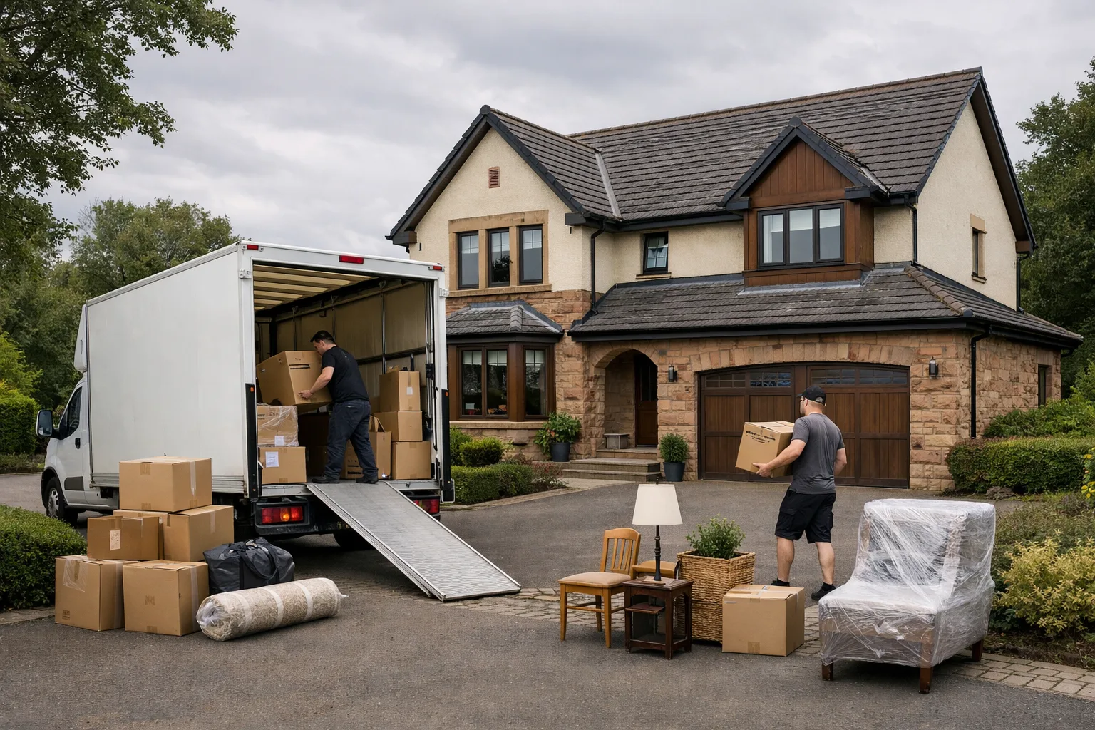 Newton Mearns family home move scene with a removals van outside a detached house