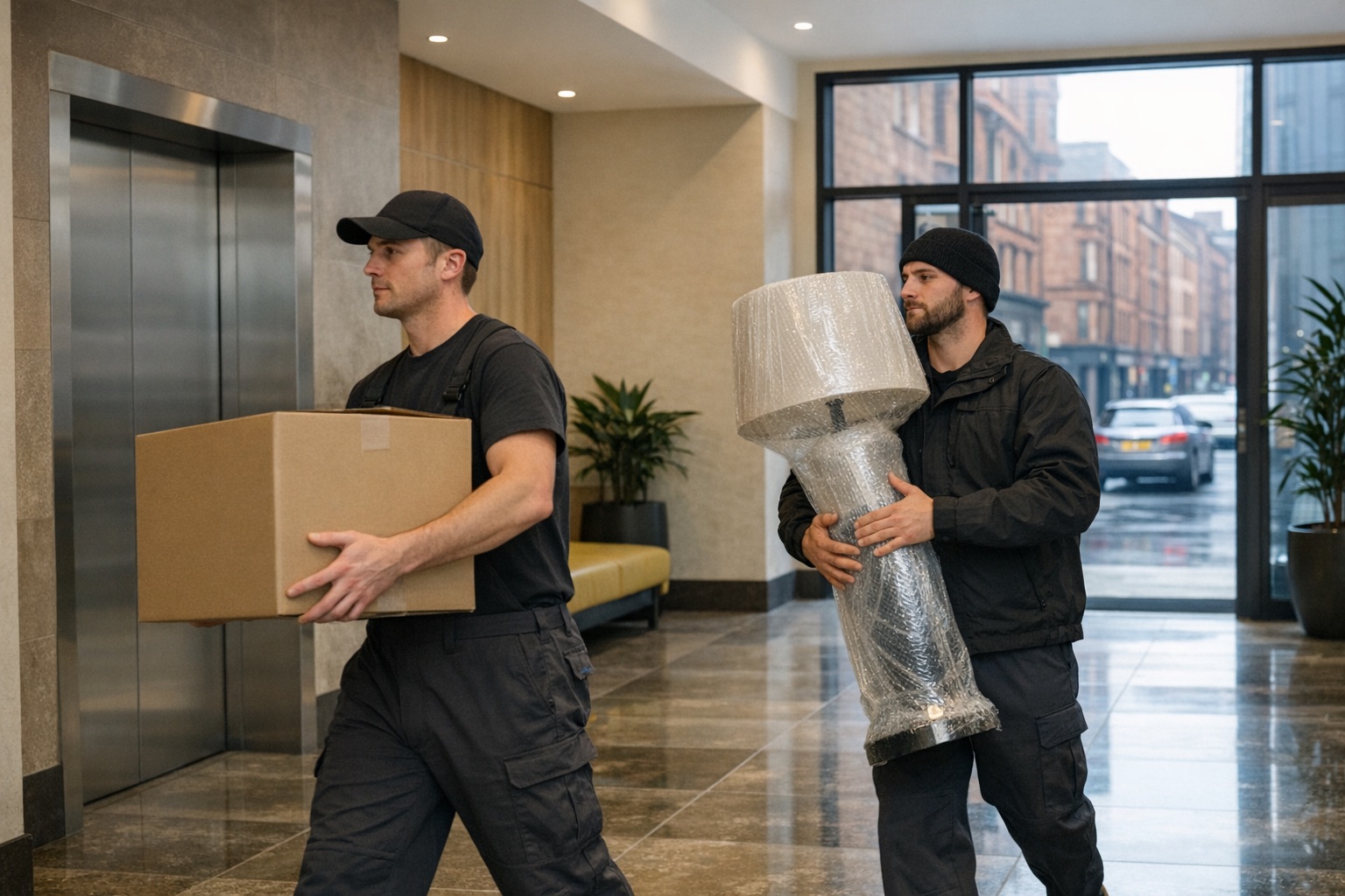 Apartment move in Glasgow city centre with movers carrying boxes through a modern lobby