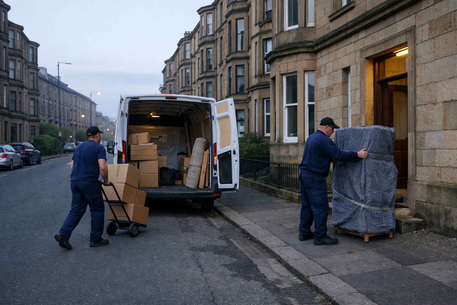 Early-morning flat move on a quiet Glasgow street
