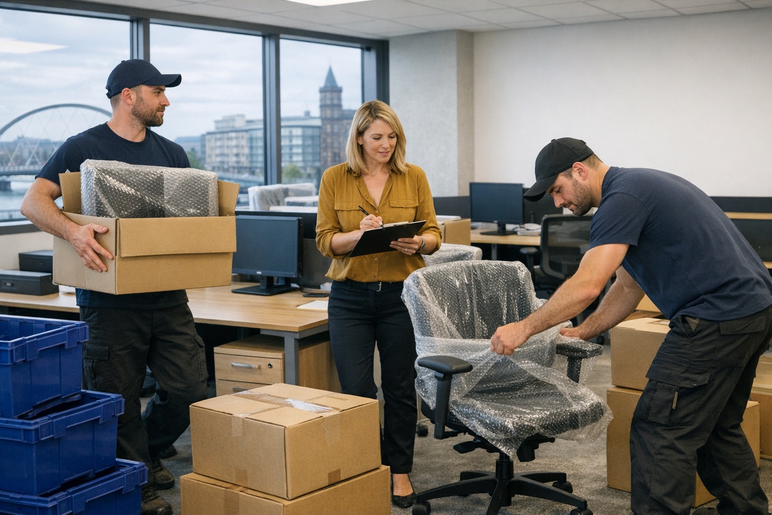 Commercial removals team preparing a modern Glasgow office move