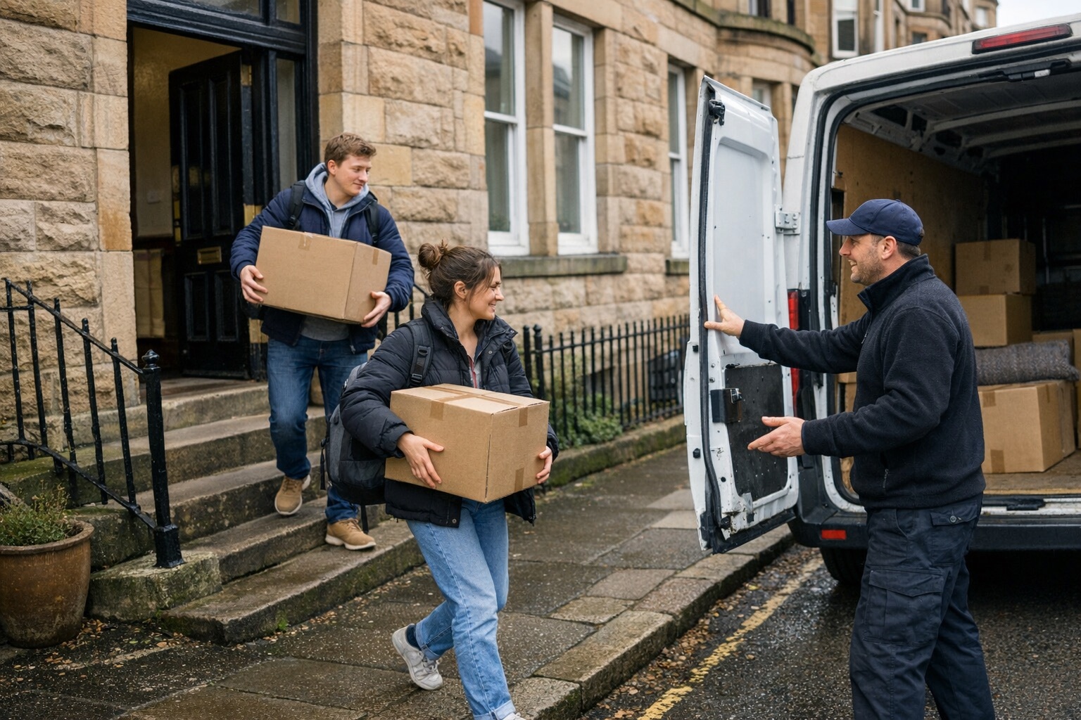 Student removals scene outside a Glasgow West End tenement