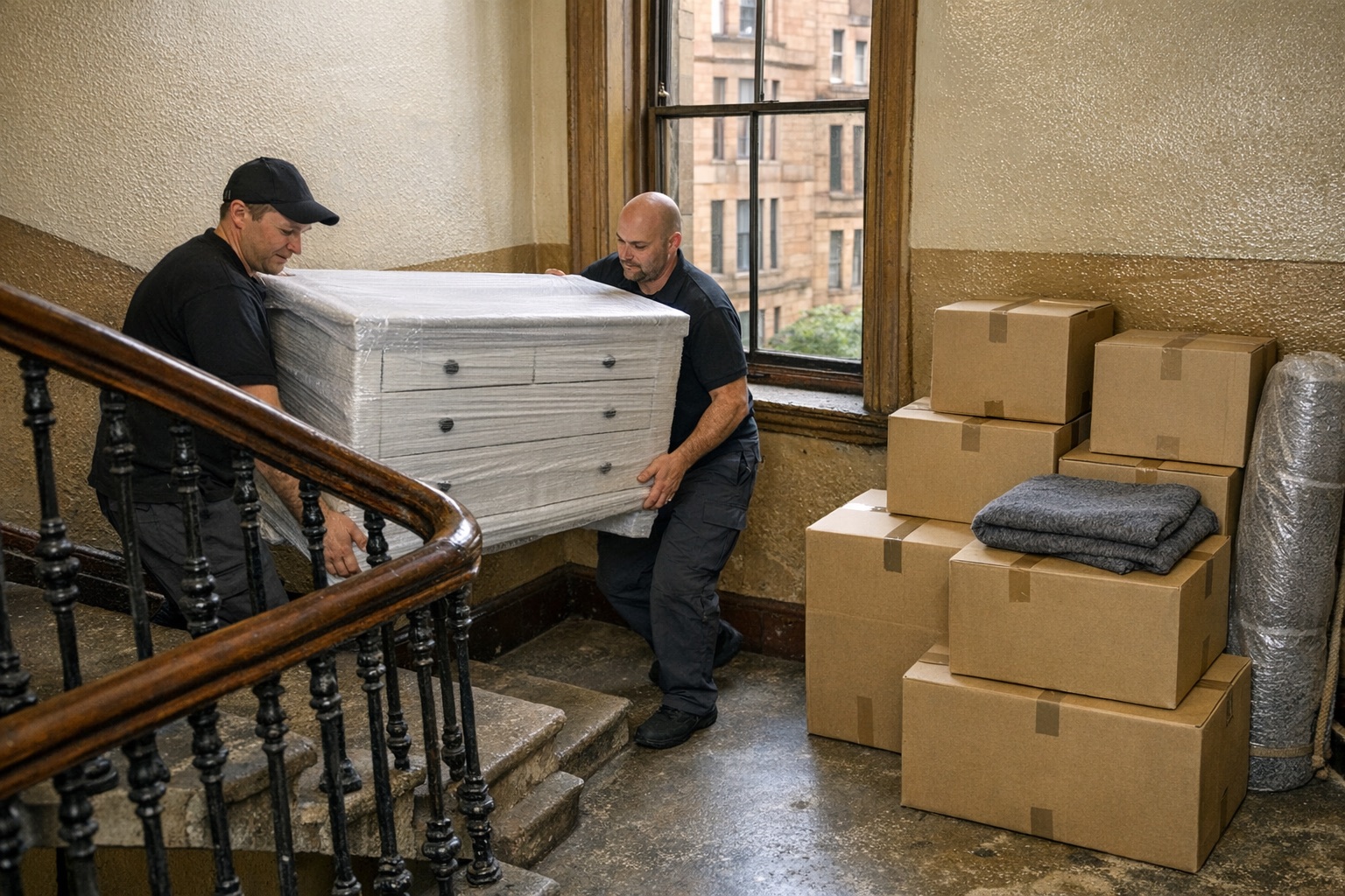 Movers carrying wrapped furniture through a Glasgow tenement stairwell