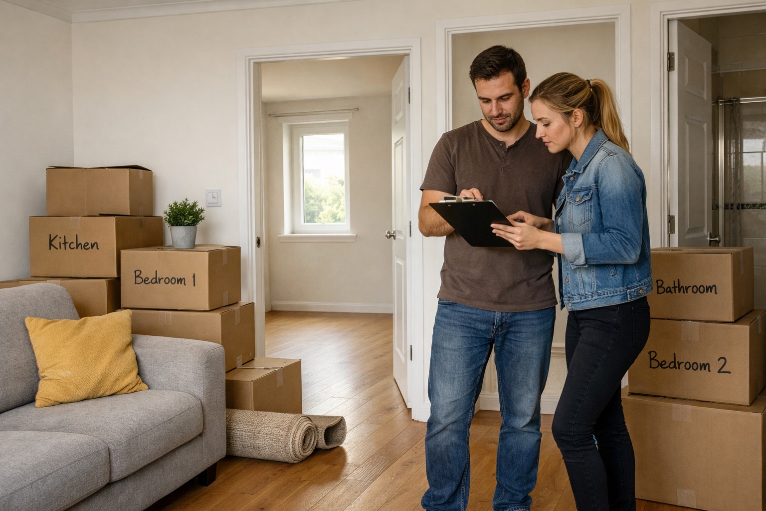 Couple checking a two-bedroom flat move plan beside packed boxes