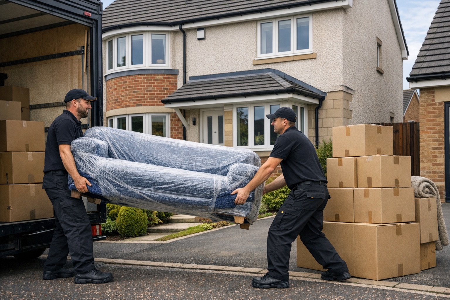 House removals team carefully lifting wrapped furniture outside a Glasgow family home