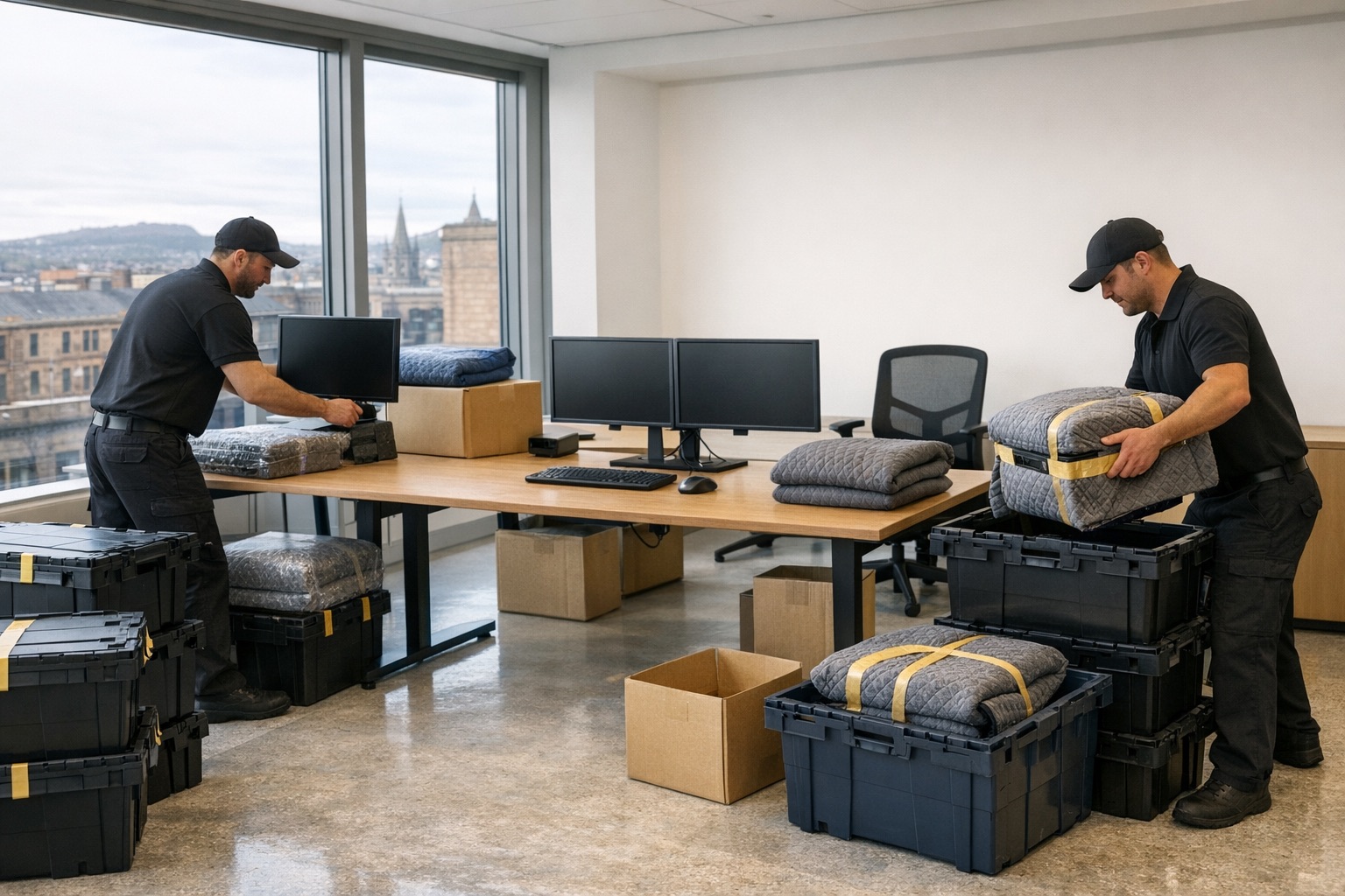 Office movers setting up desks and equipment in a Glasgow workspace