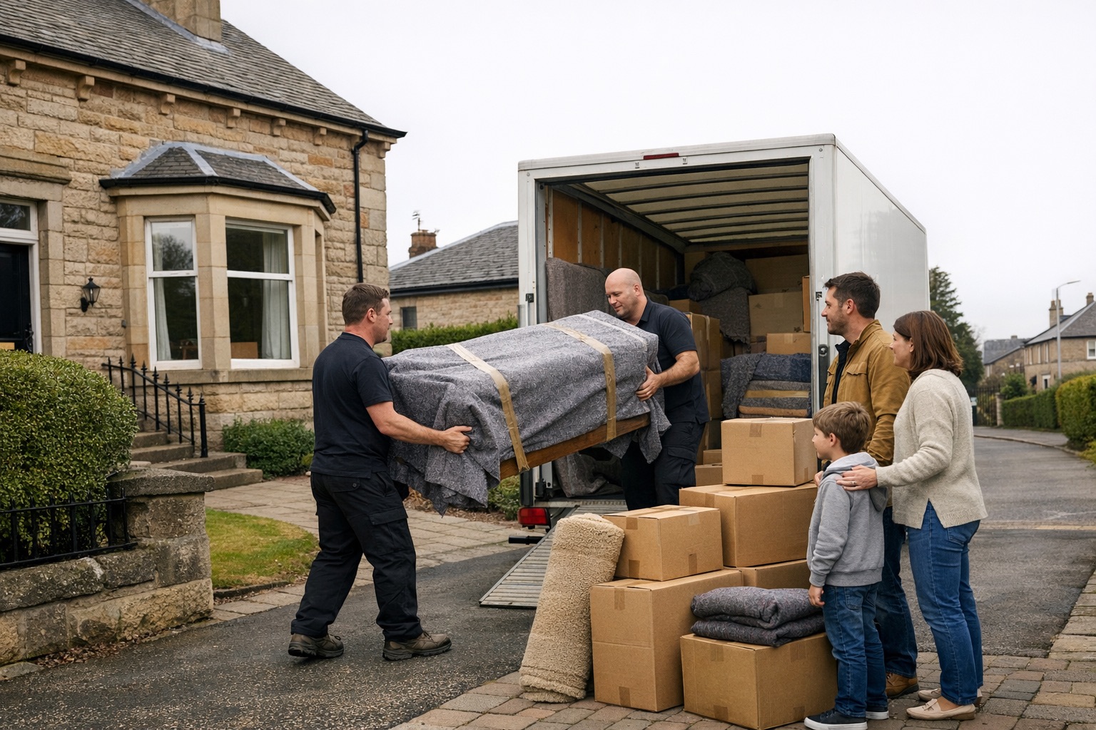 Family removals team unloading wrapped furniture outside a home near Glasgow