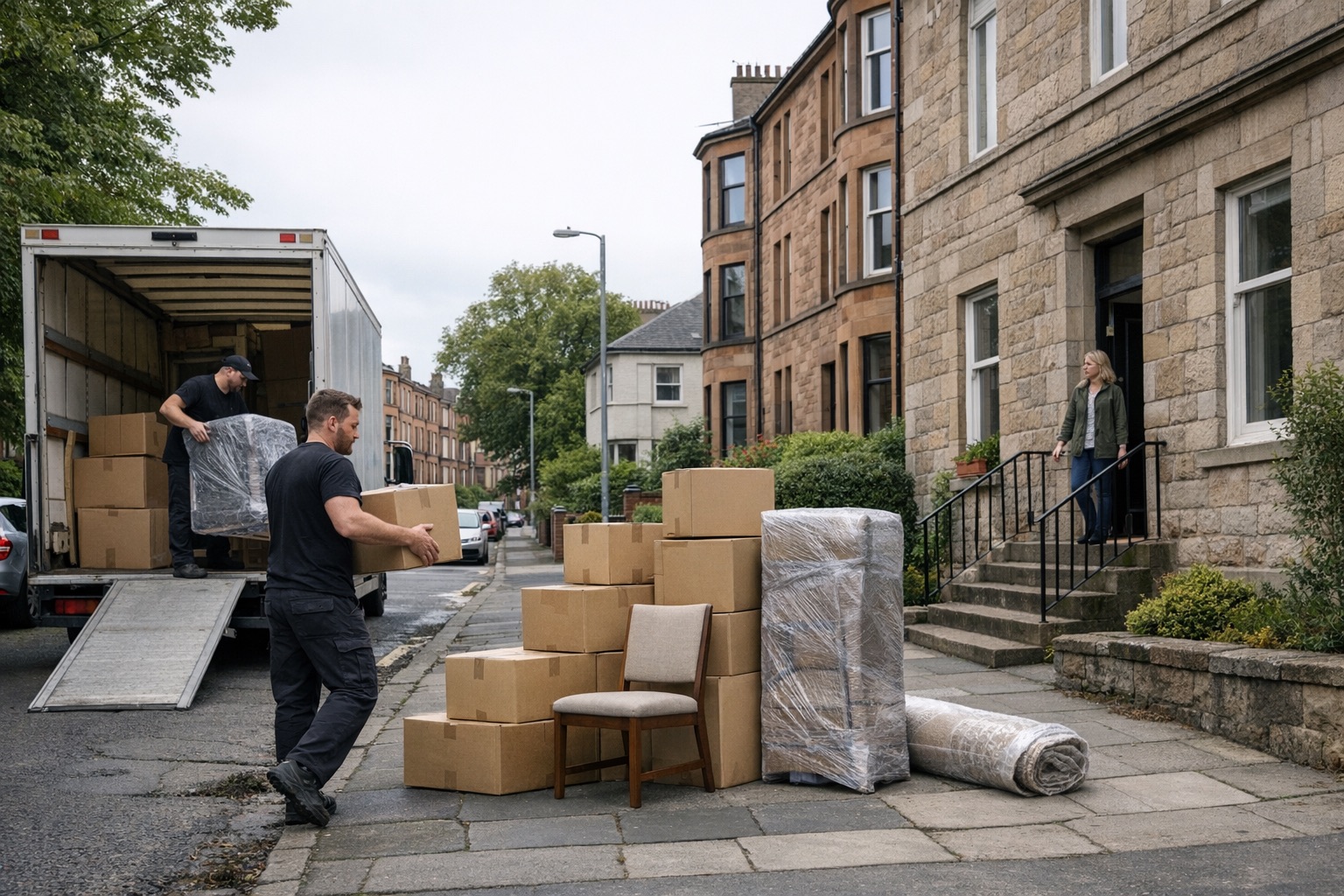 Southside Glasgow removals scene with local homes and a moving van