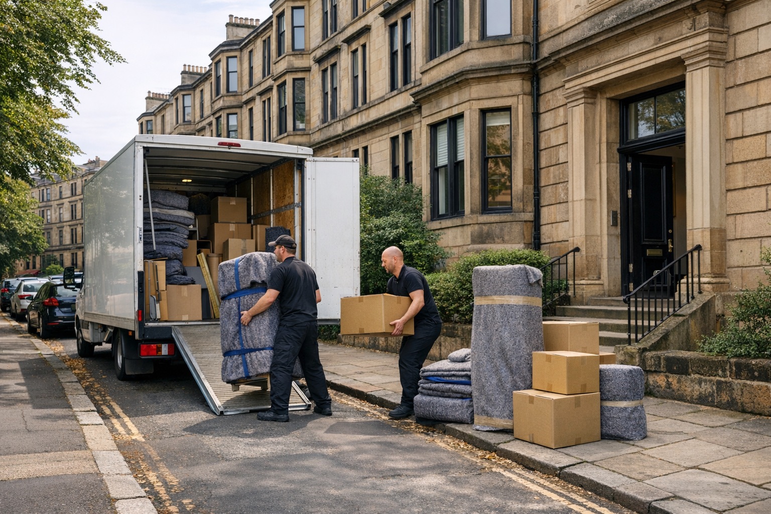 Removals van and moving team on a West End Glasgow street
